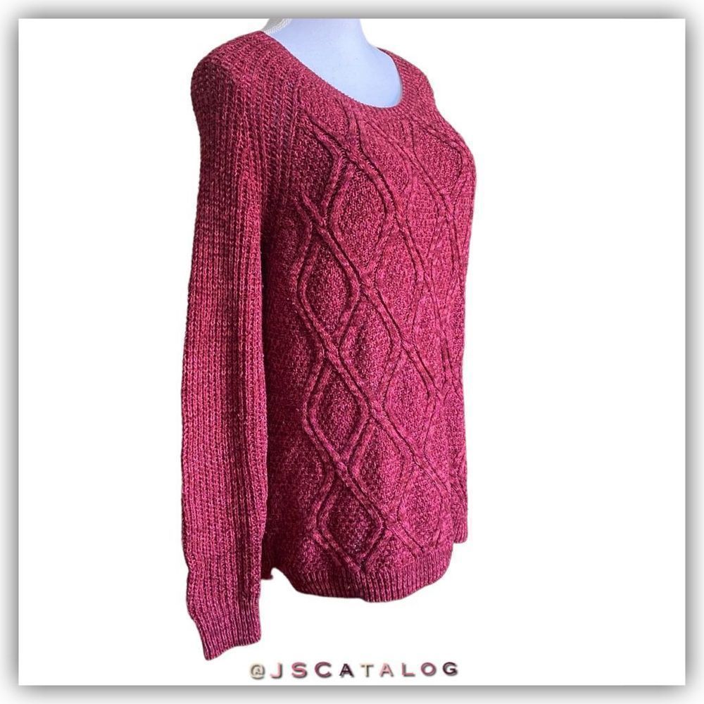 Cherry Red Wide Weave Cable Knit Crewneck Pullover - L - EUC